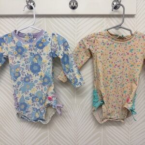 RuffleButts rash guard swimsuits UPF 50+ sun protection 12/18m floral confetti